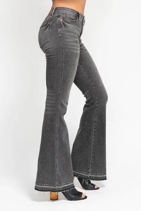 Judy Blue Full Size Midi Rise Tummy Control Washed Gray Release Hem Flare Jeans Plus Size