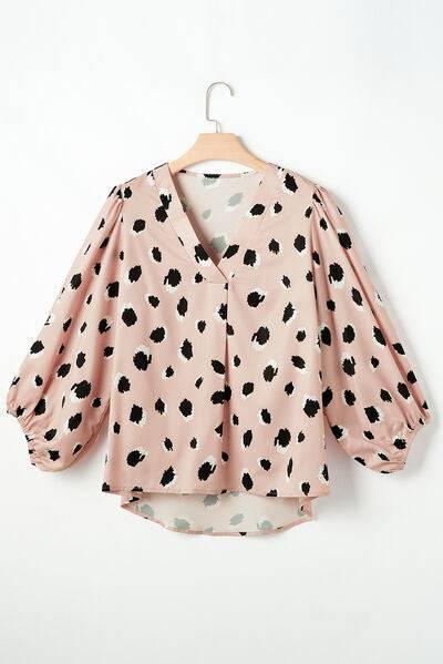 Contrast Animal Print V-Neck Long Sleeve Blouse