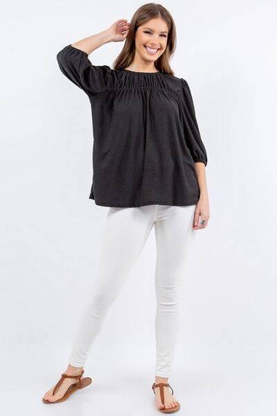 Celeste Full Size Puff Sleeve and Bow Detail Top Plus Size