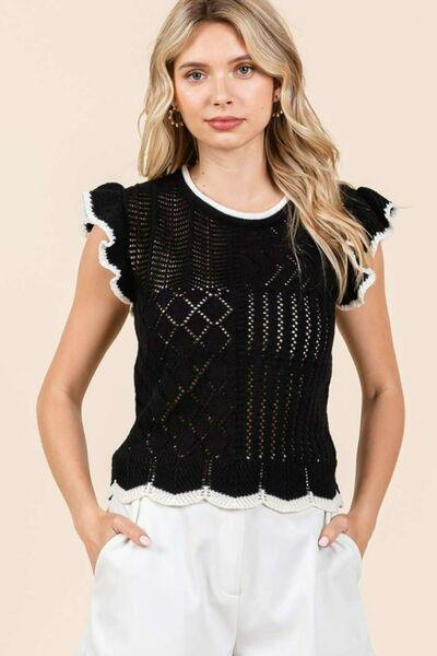 Mittoshop Openwork Contrast Trim Ruffled Cap Sleeve Knit Top - Clothes For Her Online Store