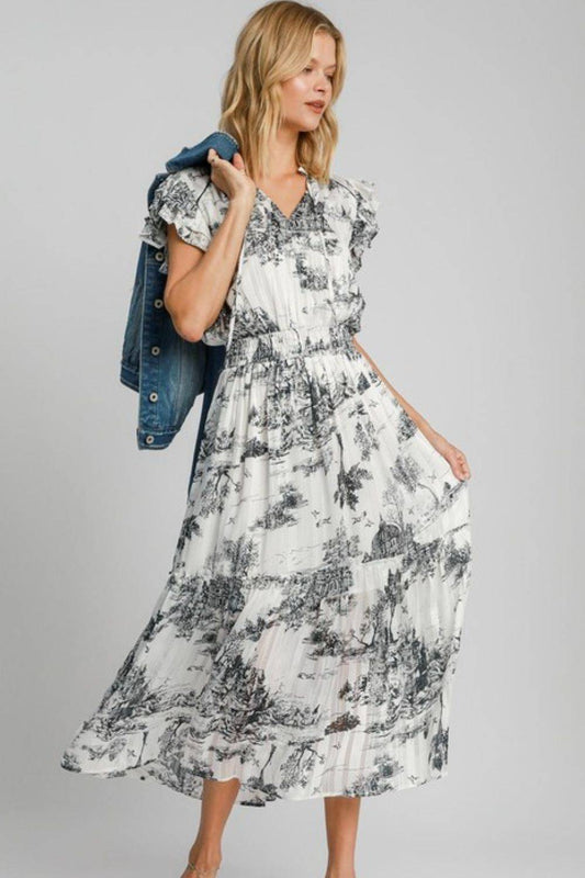 Umgee Full Size Two Tone Landscape Print Midi Dress Plus Size - Clothes For Her Online Store