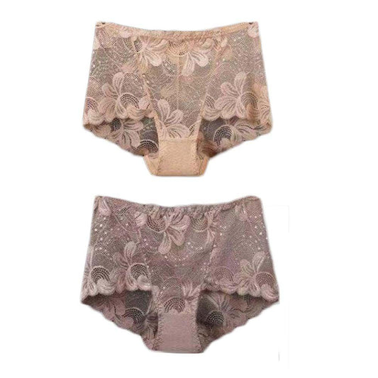 2 Pcs Flower Mesh Women Lace Sexy Bikini Panties Plus Size Boyshorts Panties Underwear,Beige Khaki - Clothes For Her Online Store