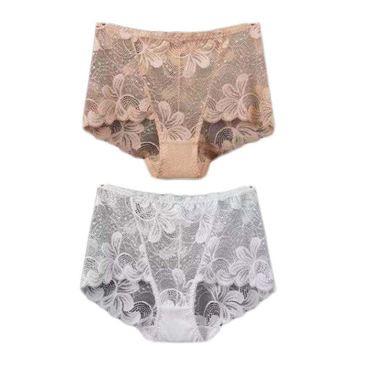 2 Pcs Flower Mesh Women Lace Sexy Bikini Panties Plus Size Boyshorts Panties Underwear,Beige White - Clothes For Her Online Store