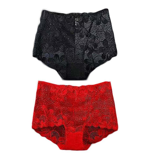 2 Pcs Flower Mesh Women Lace Sexy Bikini Panties Plus Size Boyshorts Panties Underwear,Black Red - Clothes For Her Online Store