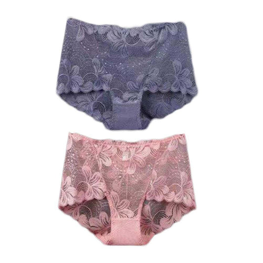 2 Pcs Flower Mesh Women Lace Sexy Bikini Panties Plus Size Boyshorts Panties Underwear,Purple Pink - Clothes For Her Online Store