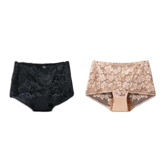 2 Pcs Women Lace Sexy Bikini Panties Pack Flower Mesh Underwear Plus Size Boyshorts Panties,Black Beige - Clothes For Her Online Store