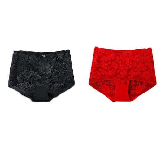 2 Pcs Women Lace Sexy Bikini Panties Pack Flower Mesh Underwear Plus Size Boyshorts Panties,Black Red - Clothes For Her Online Store