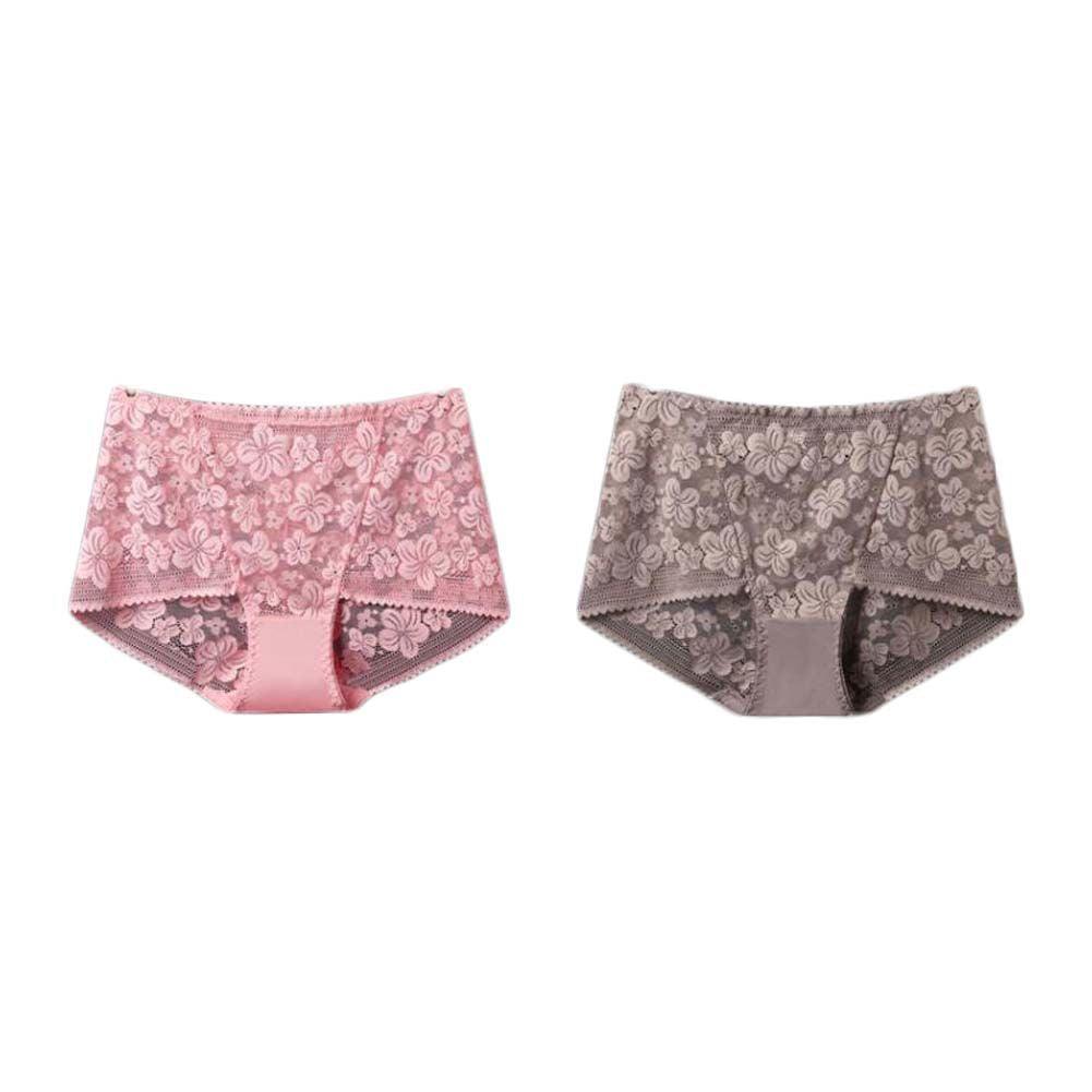 2 Pcs Women Lace Sexy Bikini Panties Pack Flower Mesh Underwear Plus Size Boyshorts Panties,Pink Khaki - Clothes For Her Online Store