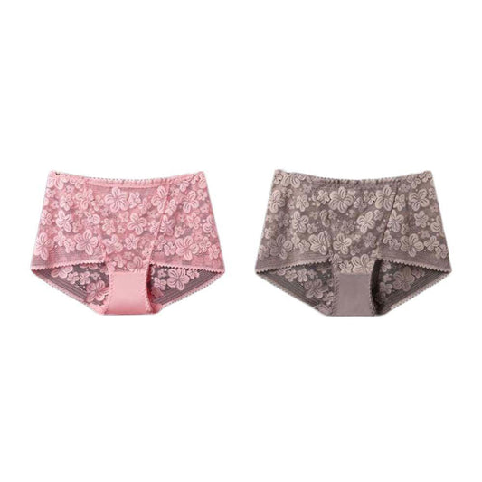 2 Pcs Women Lace Sexy Bikini Panties Pack Flower Mesh Underwear Plus Size Boyshorts Panties,Pink Khaki - Clothes For Her Online Store