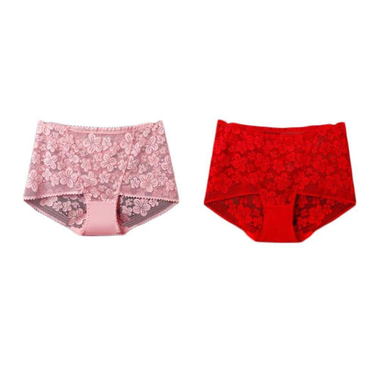 2 Pcs Women Lace Sexy Bikini Panties Pack Flower Mesh Underwear Plus Size Boyshorts Panties,Pink Red - Clothes For Her Online Store