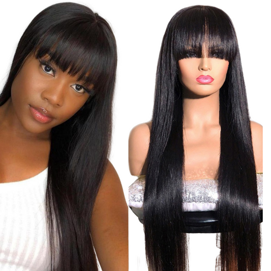 Straight Human Hair Wigs With Bangs Full Machine Made Brazilian HumanBrand Name: BeumaxWigs Length: longWeight: 180% is 230g, 200% is 300gLace Wig Type: Lace Part Material Grade: Remy HairMaterial: Human HairMade Method: Machine MadeCan Be Permed: YesItem