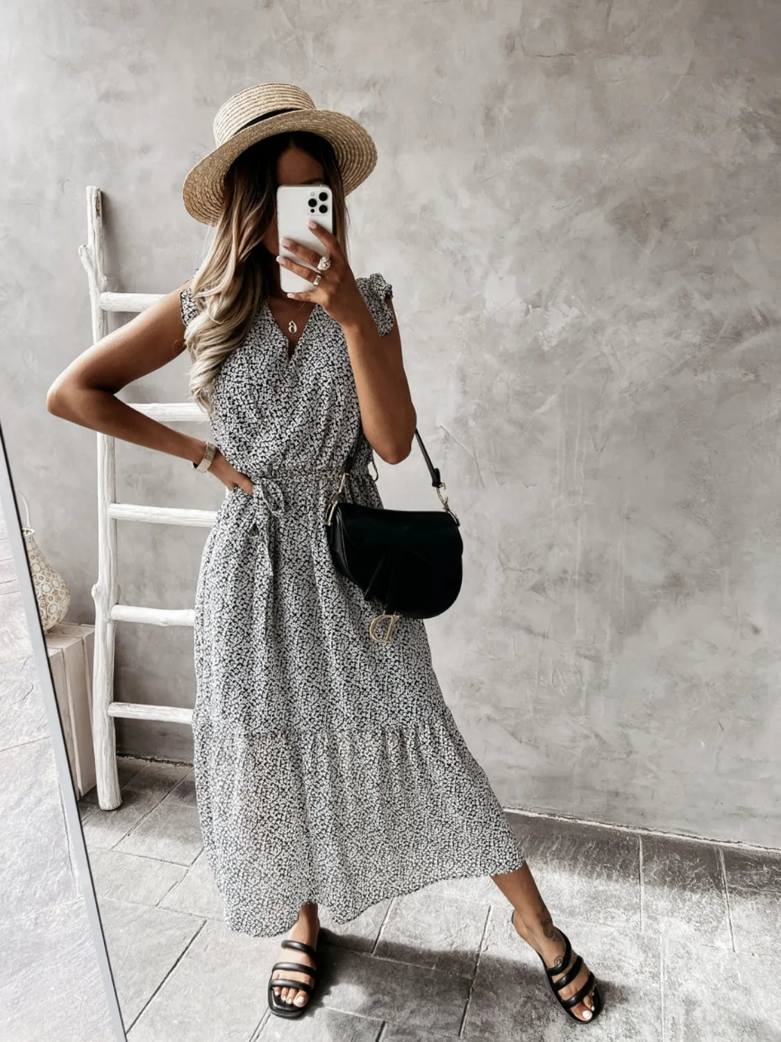 Ruffled Surplice Printed Cap Sleeve Dress