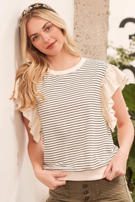 Lime 'N' Chili Striped Contrast Ruffle Detail Sleeveless Top