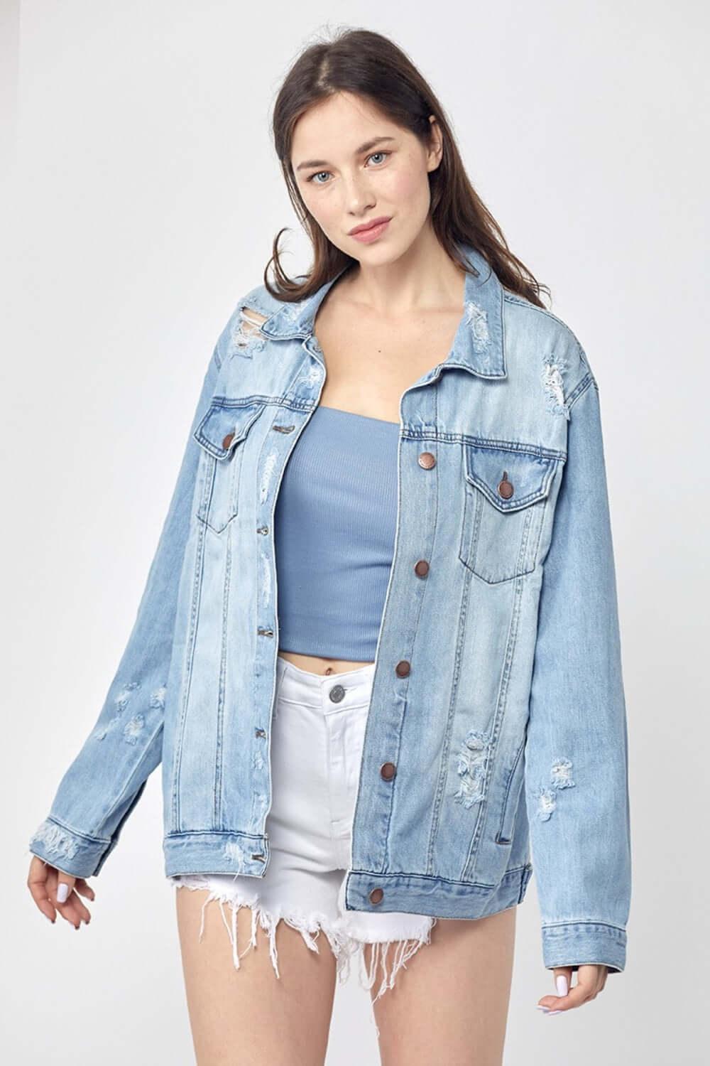 RISEN Full Size Distressed Long Sleeve Denim Jacket Plus Size