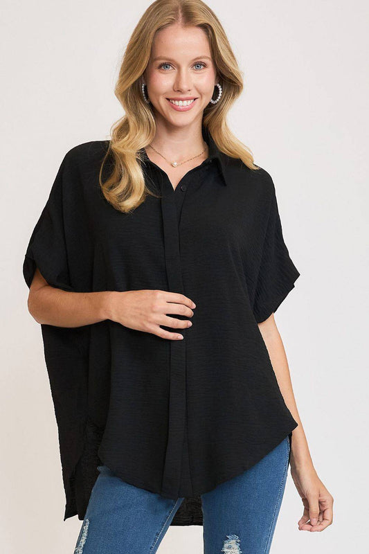 Umgee Full Size High-Low Button Up Short Sleeve Shirt - Clothes For Her Online Store