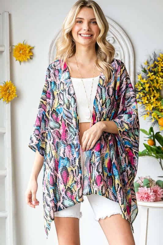 Heimish Full Size Multi Color Snake Open Cardigan Plus Size