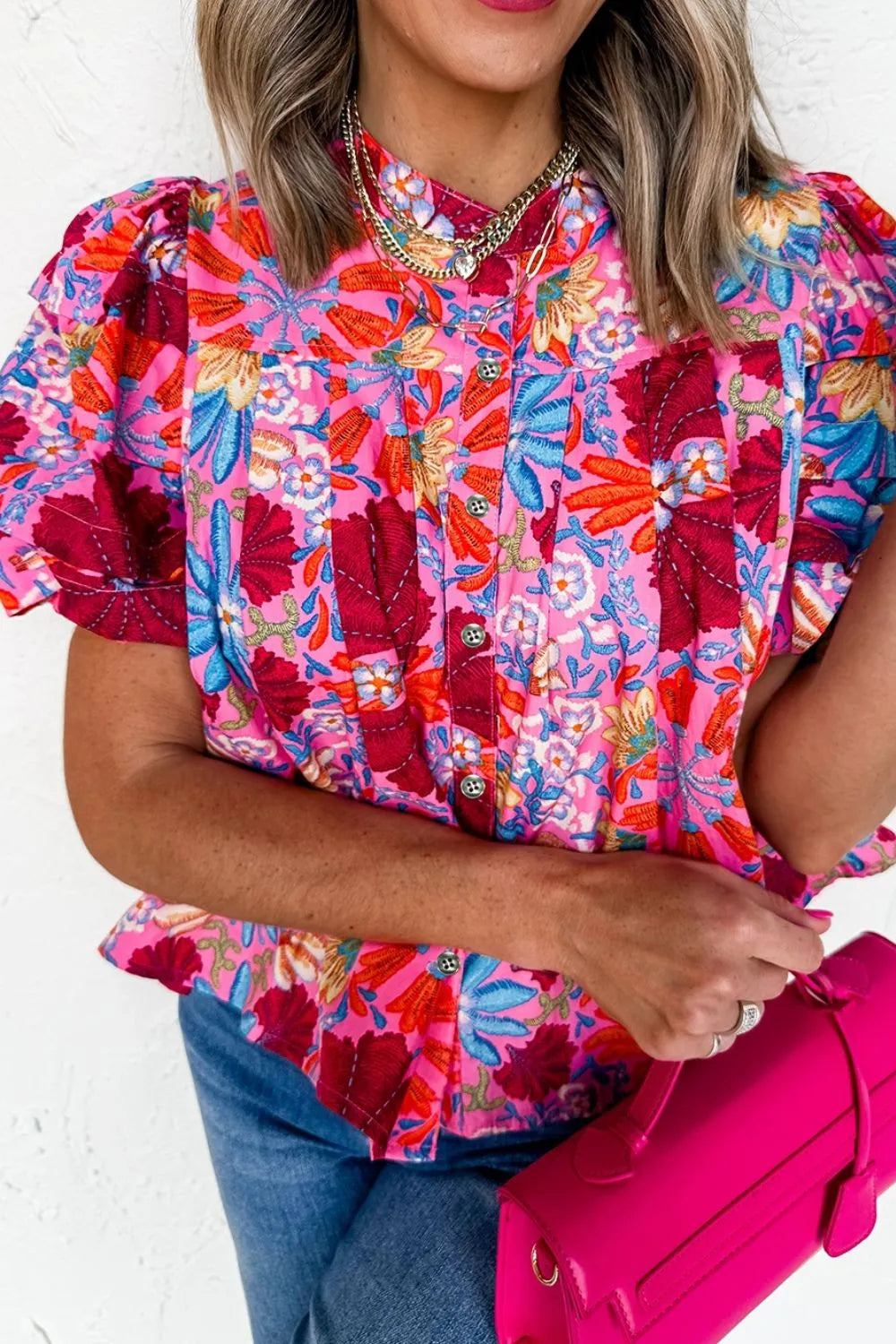 Floral Puff Sleeve Button-Up Top