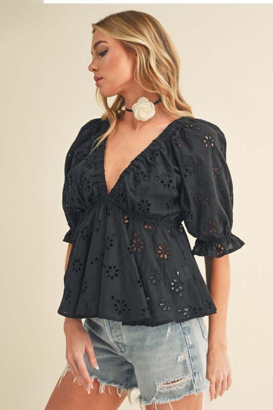 Aemi + Co Eyelet Embroidered V-Neck Half Sleeve Peplum Blouse