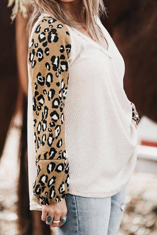Plus Size Leopard V-Neck Raglan Sleeve Blouse - Clothes For Her Online Store
