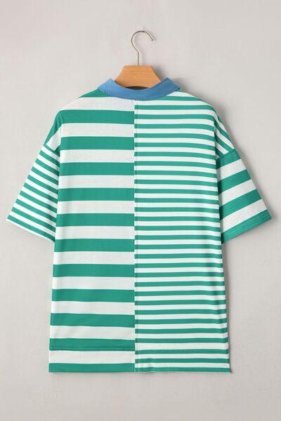 Stripe Colorblock Collar Half Button Shirt