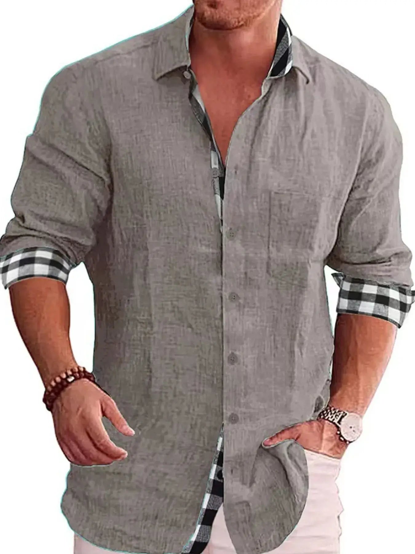 Men's Full Size Casual Linen Plaid-Trim Button Down Shirt Plus Size