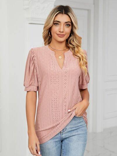 Florira Eyelet Notched Short Sleeve T-Shirt