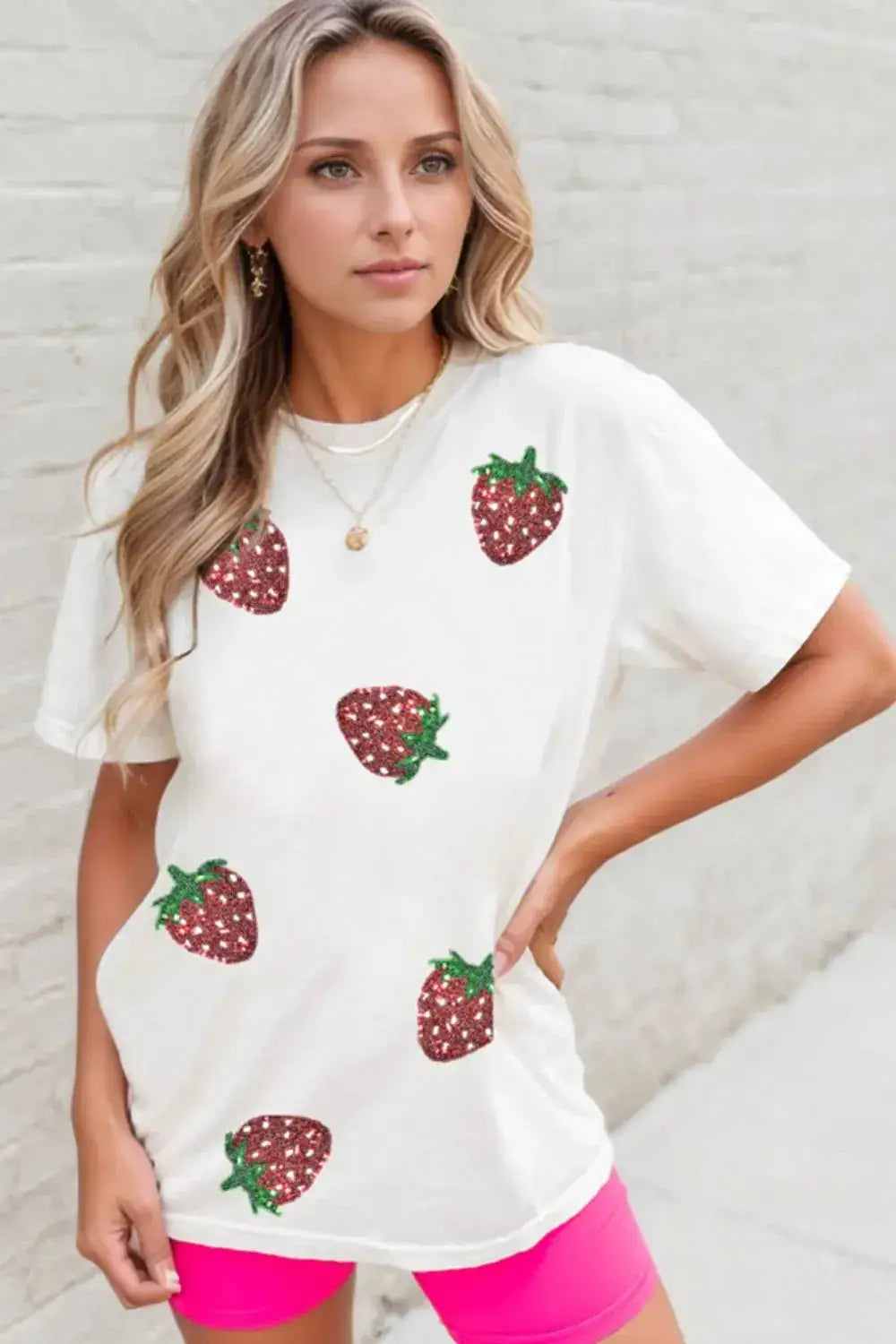 Sequin Strawberry Crew Neck Short Sleeve T Shirt - Clothes For Her Online Store