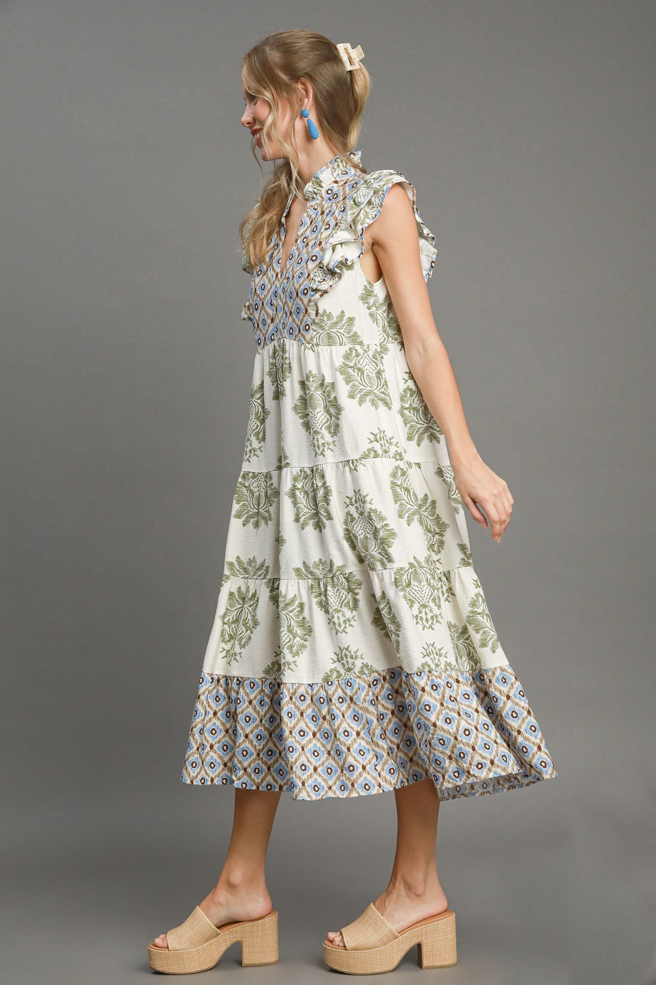 Umgee Full Size Mixed Print Ruffle Cap Sleeve Midi Dress Plus Size - Clothes For Her Online Store