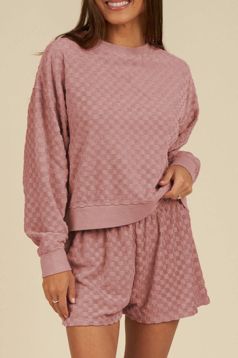 Round Neck Long Sleeve Checkered Top and Shorts Set - Clothes For Her Online Store