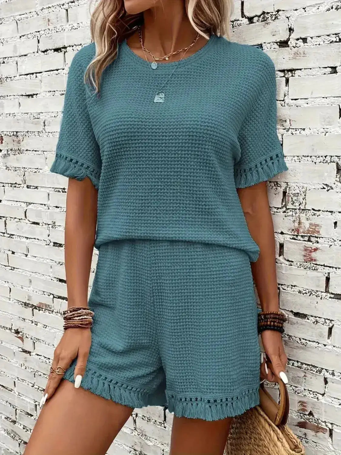 Tassel Round Neck Top and Shorts Set - Clothes For Her Online Store
