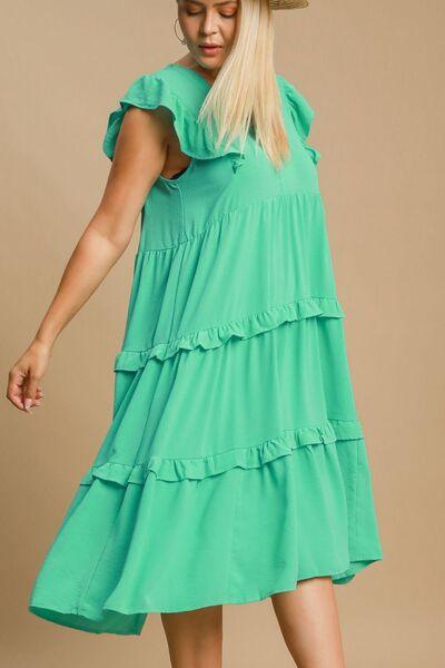 Umgee Full Size Ruffle Tiered Cap Sleeve Midi Dress Plus Size