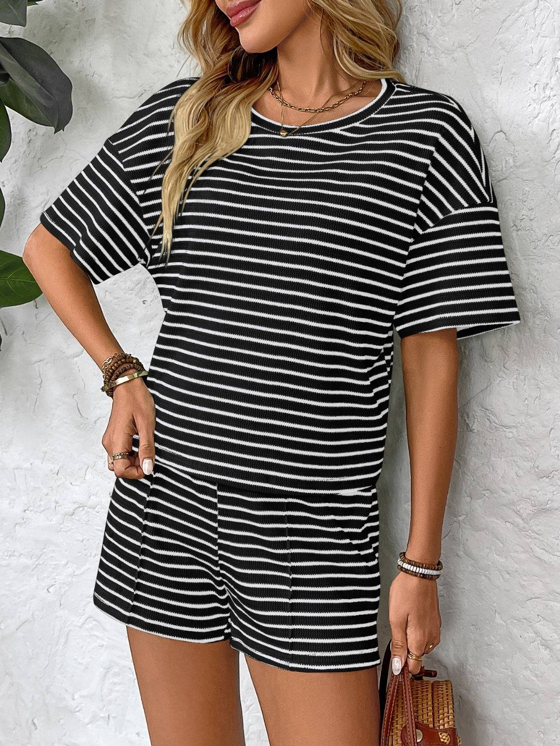 Striped Round Neck Short Sleeve Top and Shorts Set