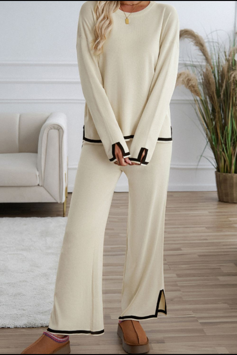 Contrast Trim Round Neck Top and Pants Sweater Set - Clothes For Her Online Store