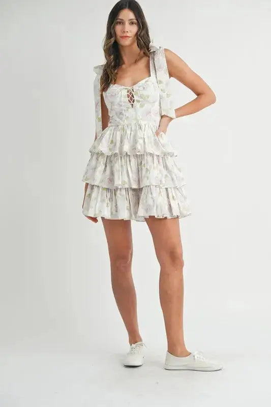 MABLE Floral Print Shoulder Tie Layered Mini Dress - Clothes For Her Online Store