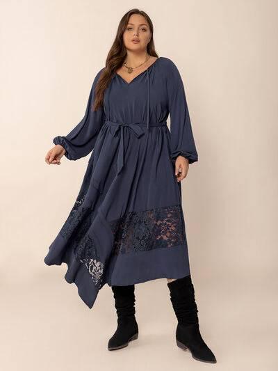 Plus Size Lace Detail Tie Neck Long Sleeve Midi Dress - Clothes For Her Online Store