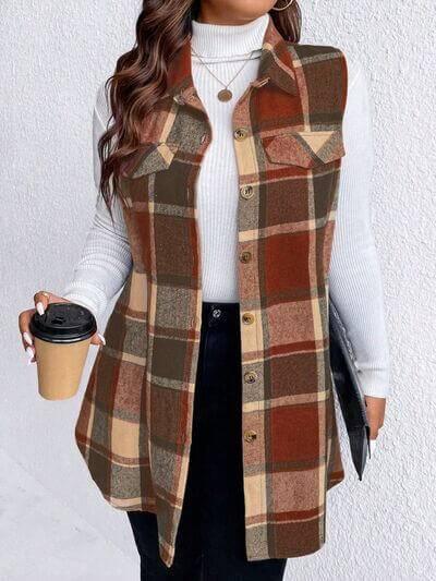Honey Plus Size Pocketed Plaid Button Up Vest Coat - Clothes For Her Online Store