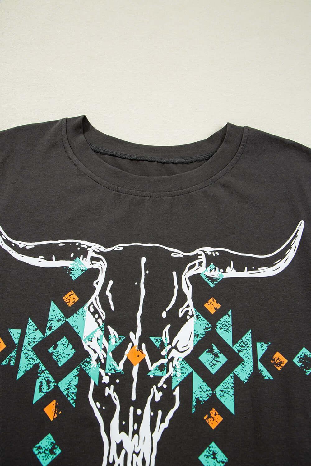 Bull Head Skull Round Neck Short Sleeve T Shirt