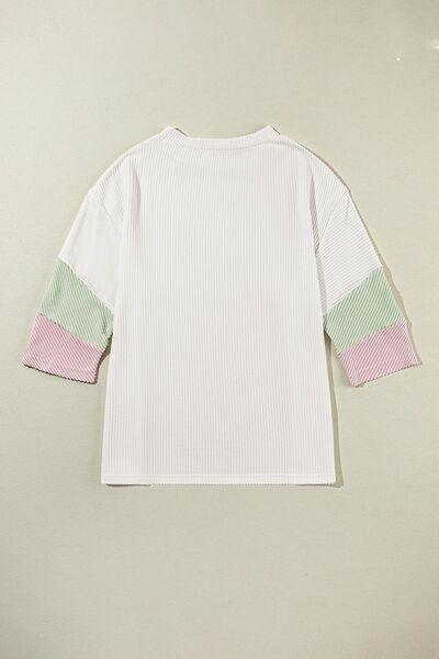 Color Block Ribbed Knit Three-Quarter Sleeve Top