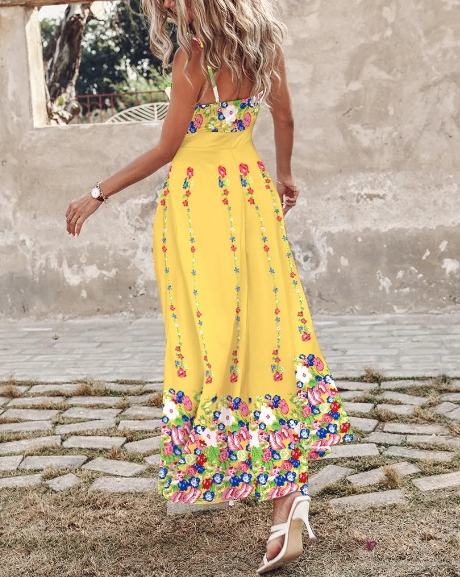 Feather Print Spaghetti Strap Split Dress