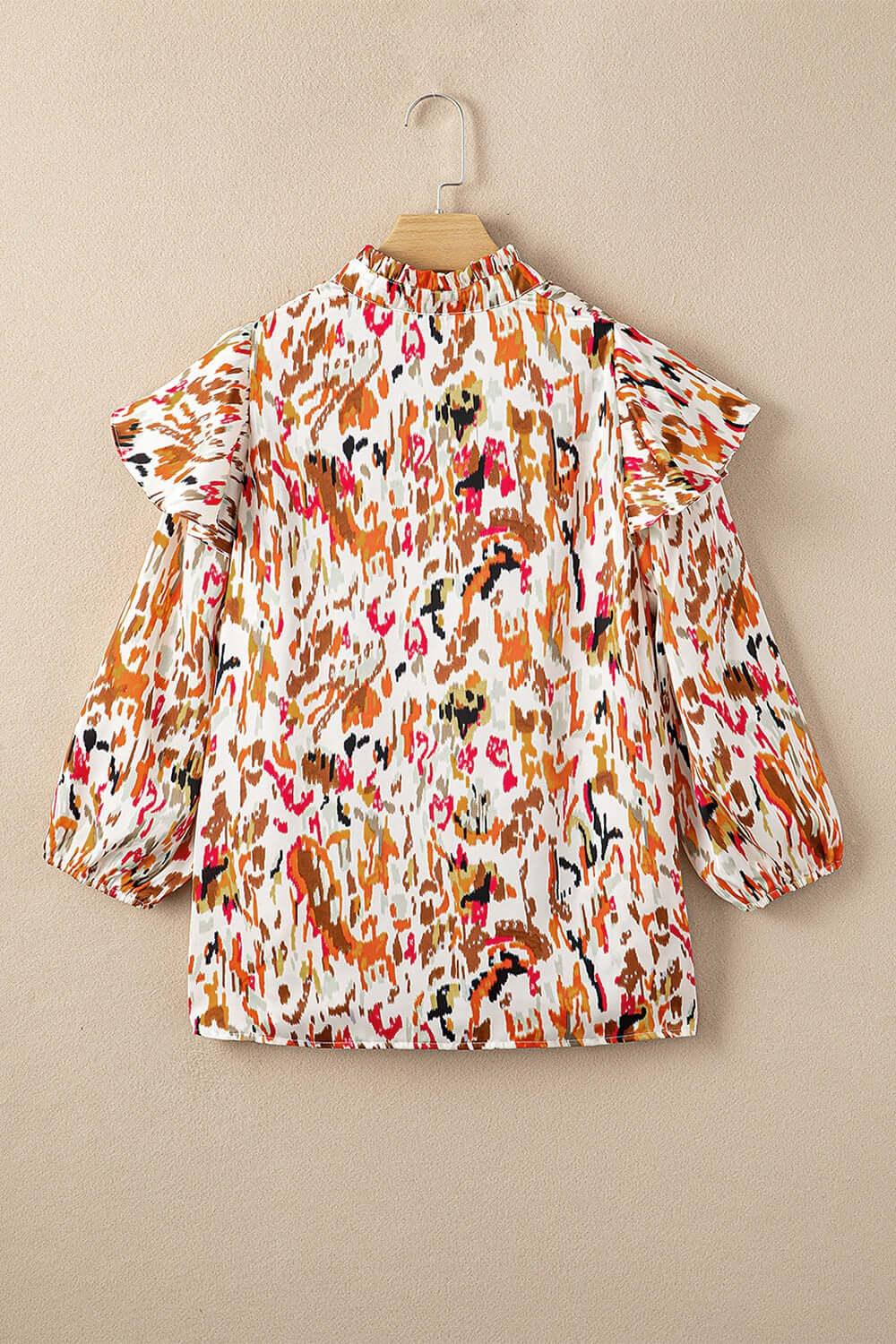 Abstract Print 3/4 Sleeve Ruffle Blouse