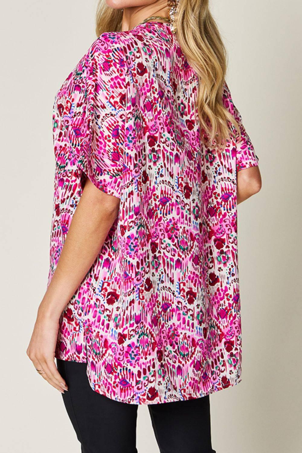 Double Take Full Size Printed V-Neck Short Sleeve Blouse - Clothes For Her Online Store