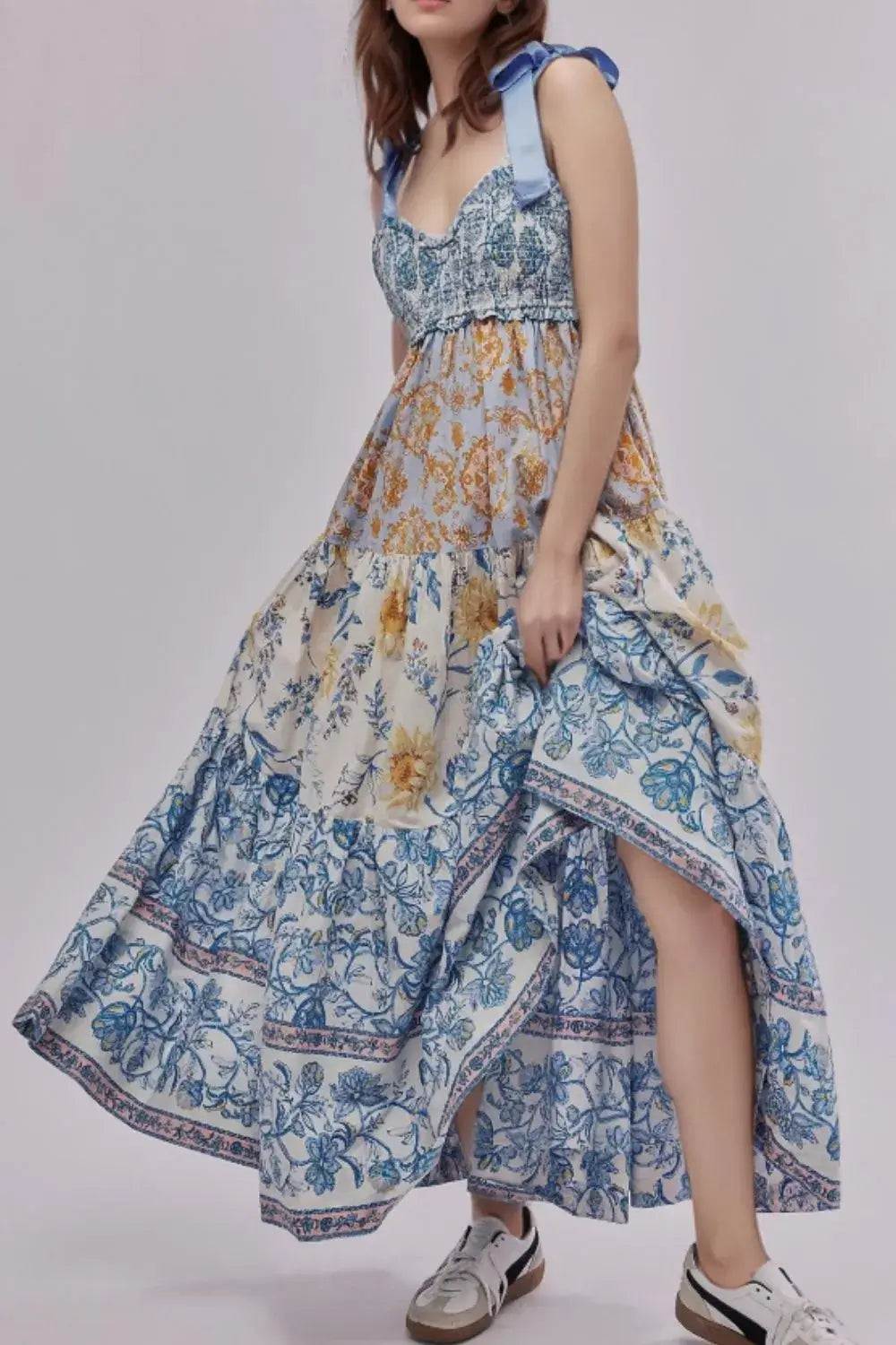 Floral Tiered Maxi Dress with Mixed Print Design