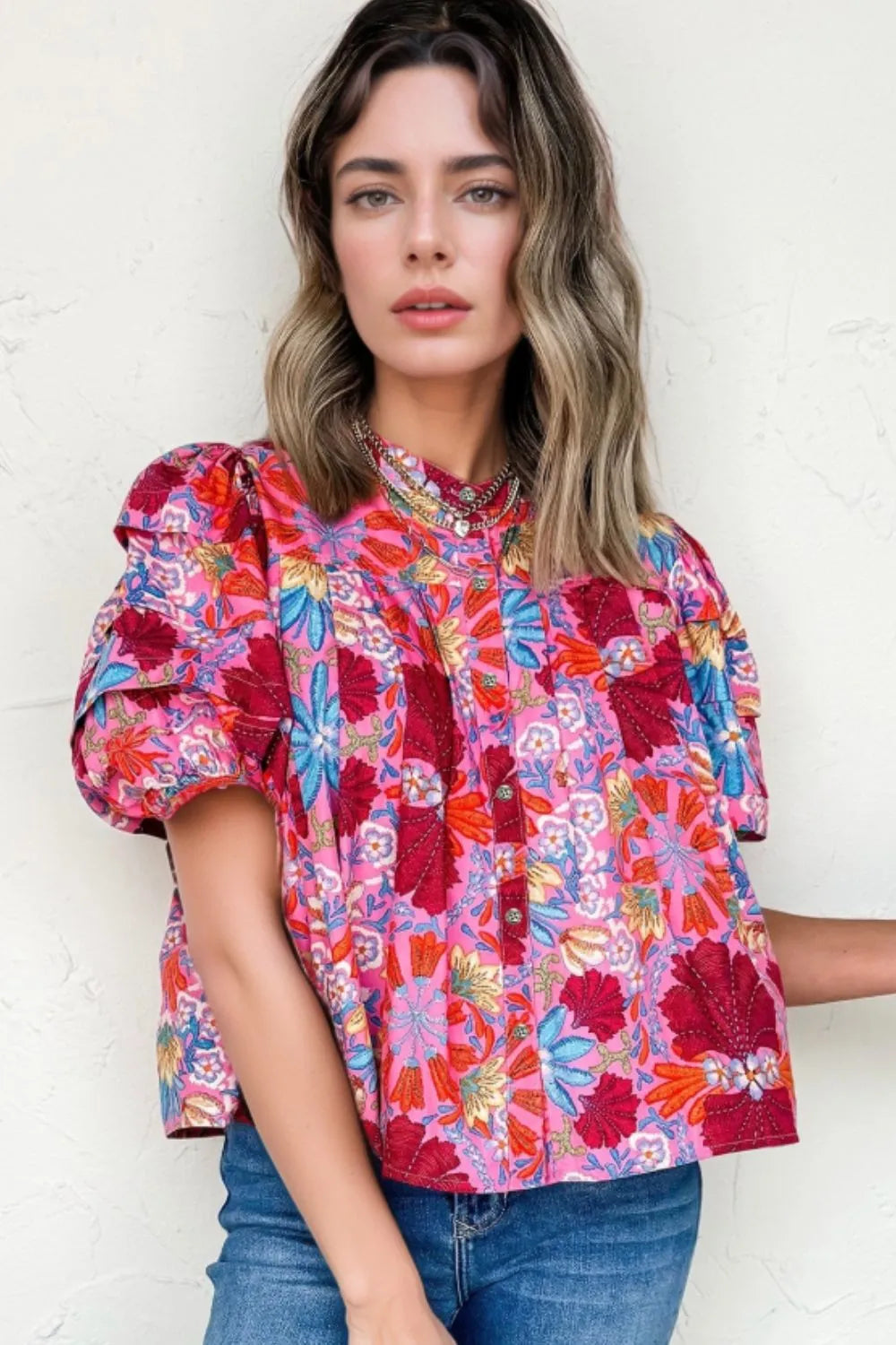 Floral Puff Sleeve Button-Up Top