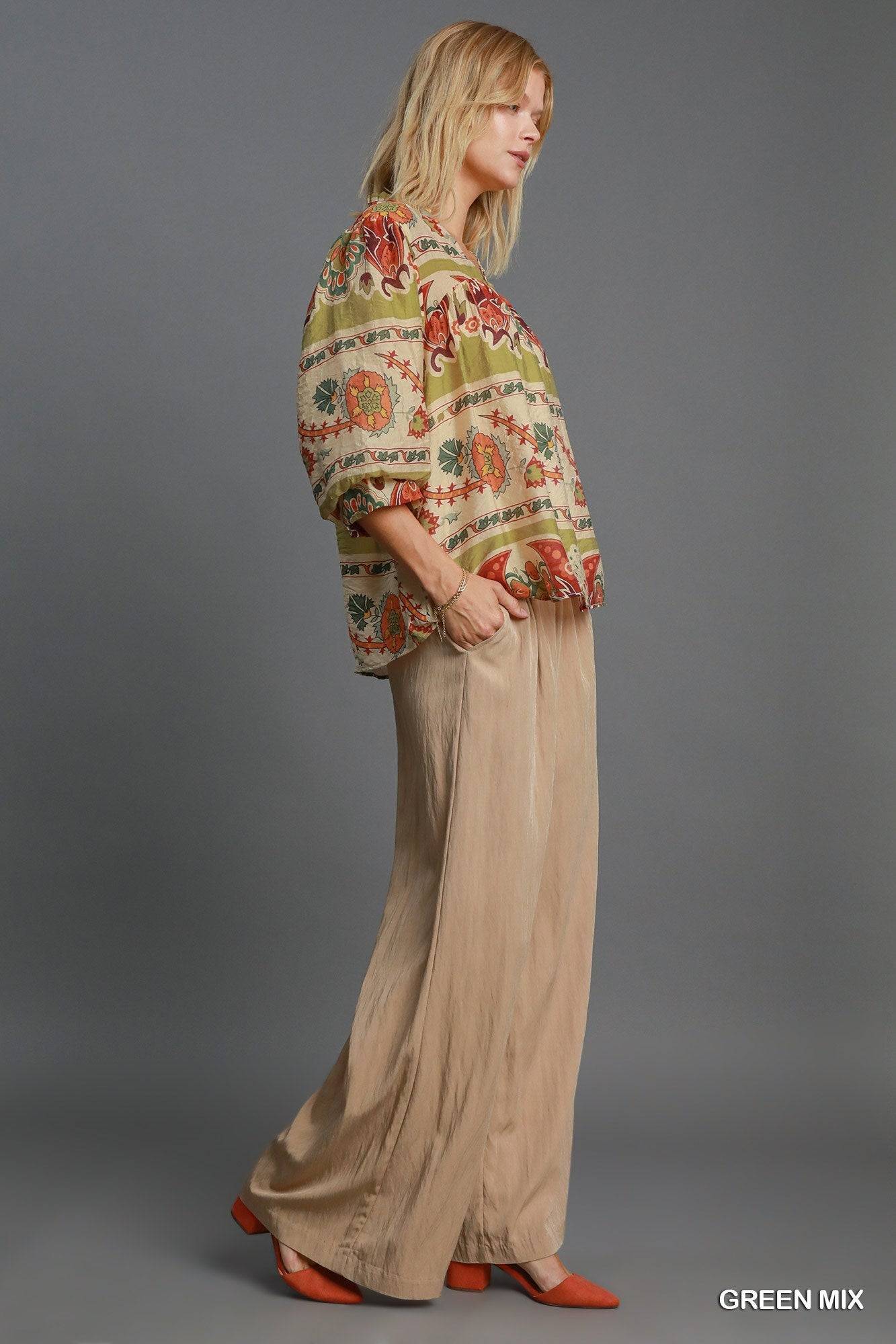 Umgee Full Size Border Print Notched 3/4 Puff Sleeve Blouse Plus Size - Clothes For Her Online Store