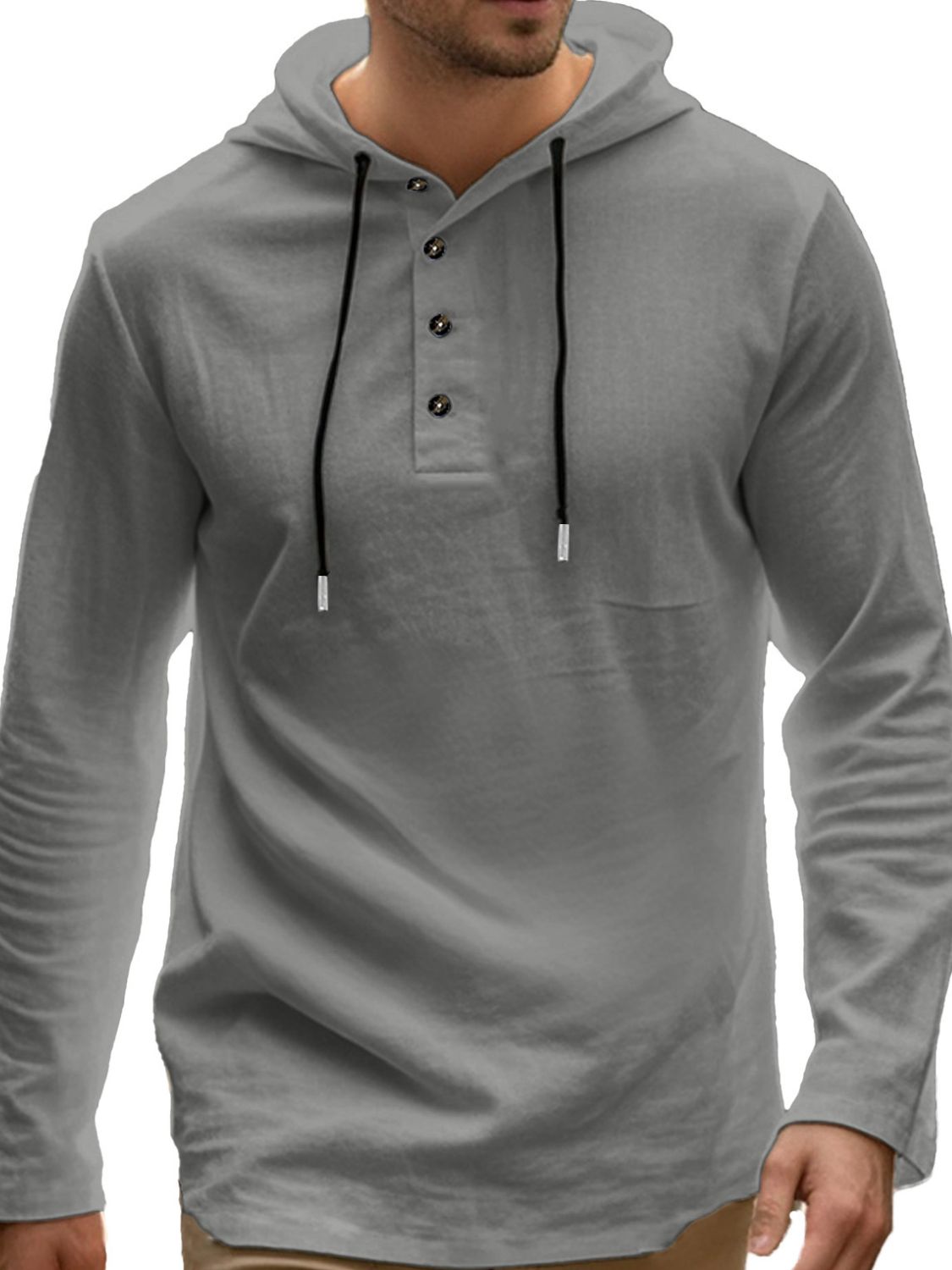 Men's Full Size Drawstring Button Detail Long Sleeve Hoodie Plus Size - Clothes For Her Online Store