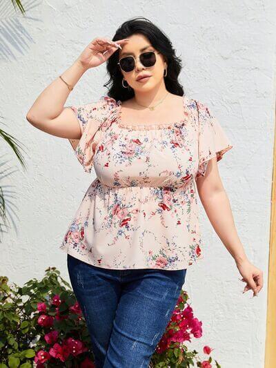 Plus Size Frill Printed Flutter Sleeve Blouse - Clothes For Her Online Store