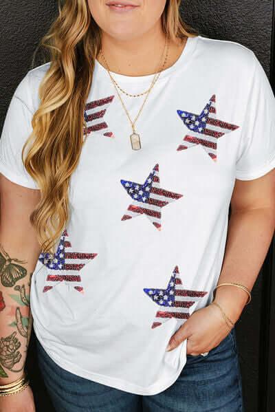 Plus Size Sequin Star Round Neck Short Sleeve T-Shirt - Clothes For Her Online Store