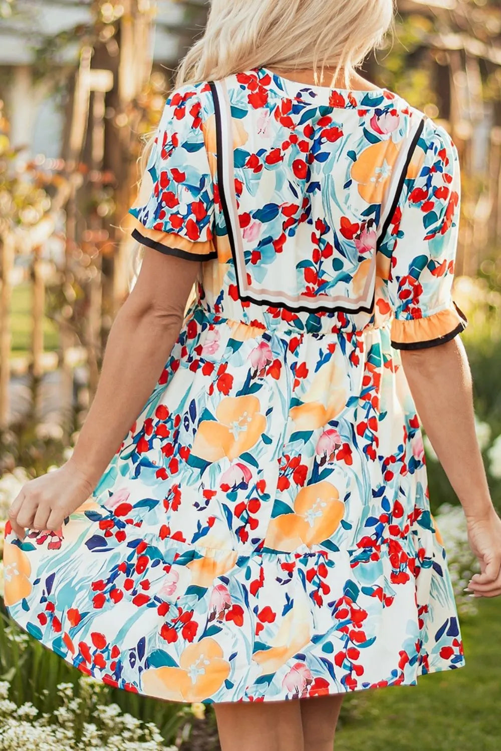 Floral Print Zipper Ruffled Short Sleeve High Waist Mini Dress