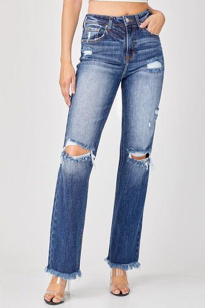 Risen Full Size Raw Hem Distressed Straight Jeans - Clothes For Her Online Store