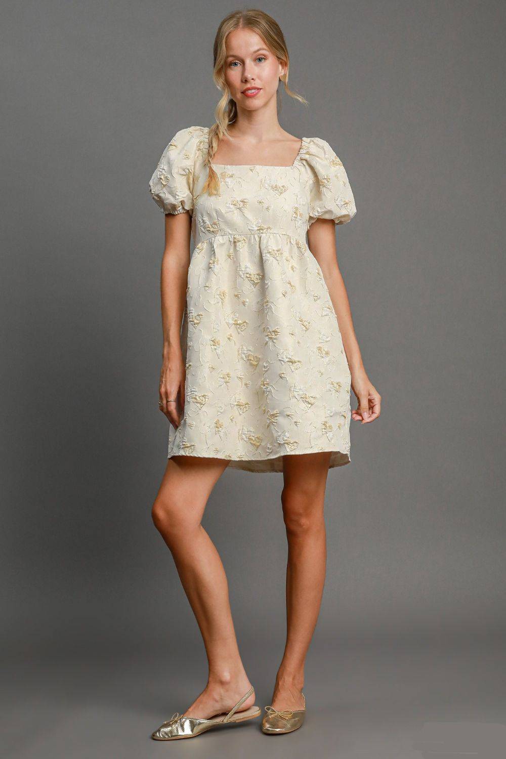Umgee Heart Jacquard Square Neck Puff Sleeve Mini Dress - Clothes For Her Online Store